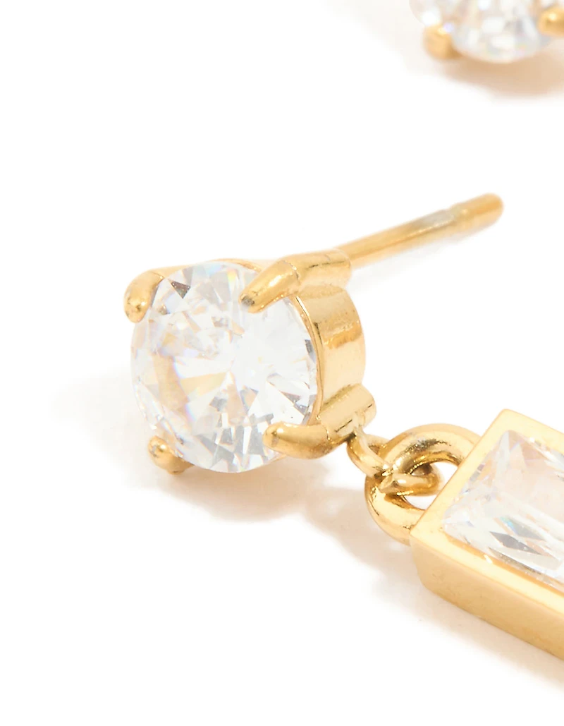 Waterproof Gold Plated Stainless Steel Cubic Zirconia Round & Baguette Drop Earrings