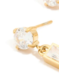 Waterproof Gold Plated Stainless Steel Cubic Zirconia Round & Baguette Drop Earrings