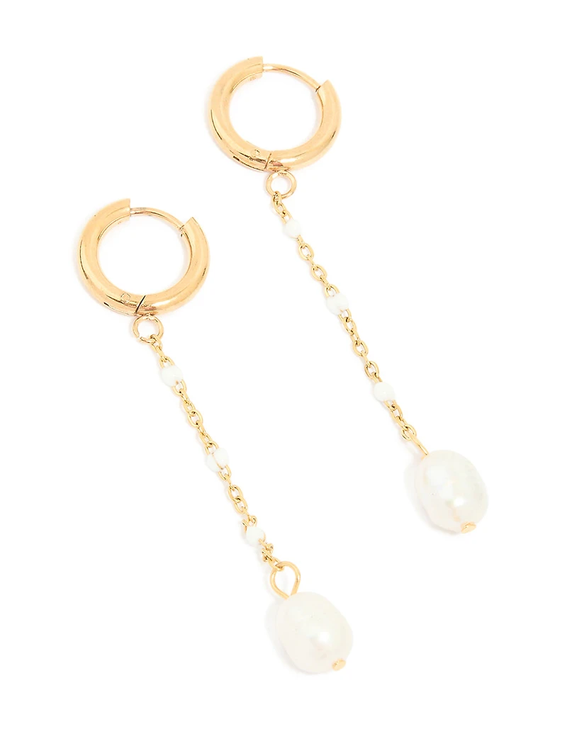 Waterproof Gold Plated Stainless Steel Single Pearl Chain Huggie Earrings