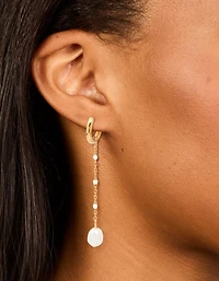 Waterproof Gold Plated Stainless Steel Single Pearl Chain Huggie Earrings