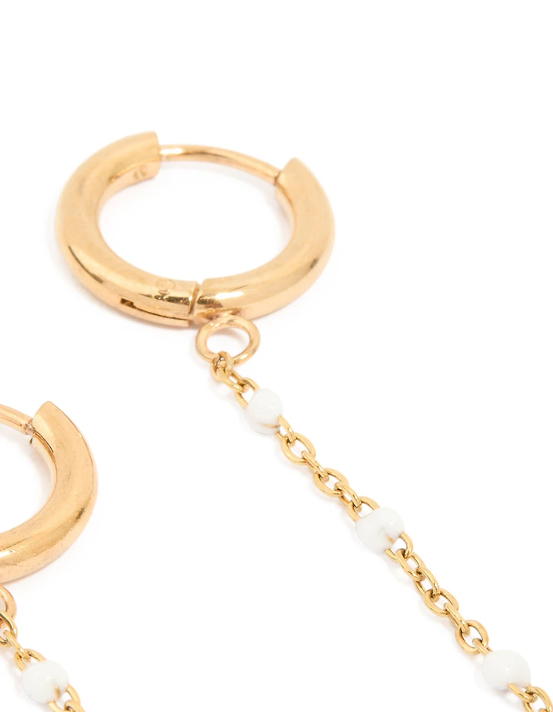 Waterproof Gold Plated Stainless Steel Single Pearl Chain Huggie Earrings