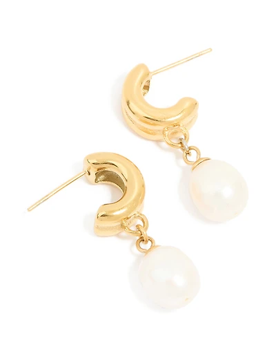 Waterproof Gold Plated Stainless Steel Pearl Chunky Drop Earrings