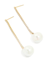 Waterproof Gold Plated Stainless Steel Pearl Diamante Cup Chain Drop Earrings