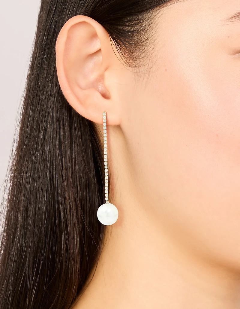 Waterproof Gold Plated Stainless Steel Pearl Diamante Cup Chain Drop Earrings