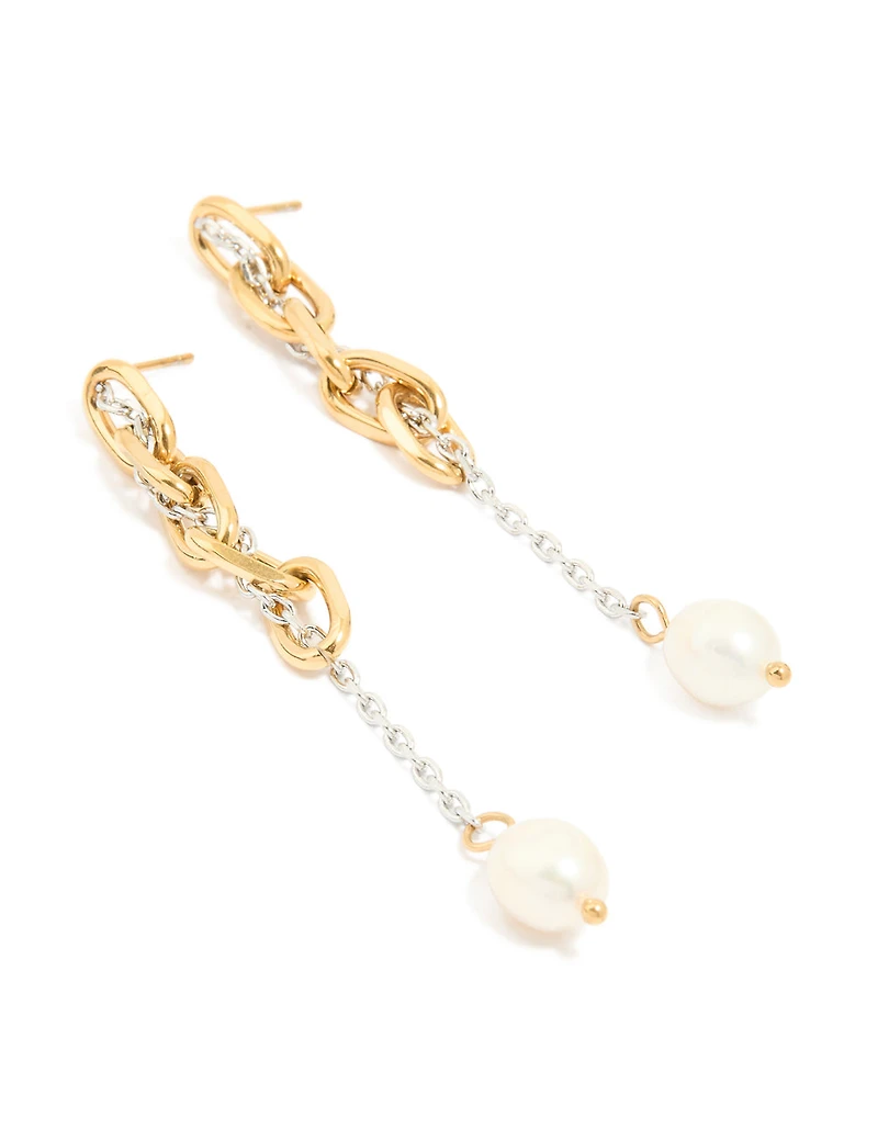 Waterproof Mixed Metal Stainless Steel Pearl Drop Chain Earrings