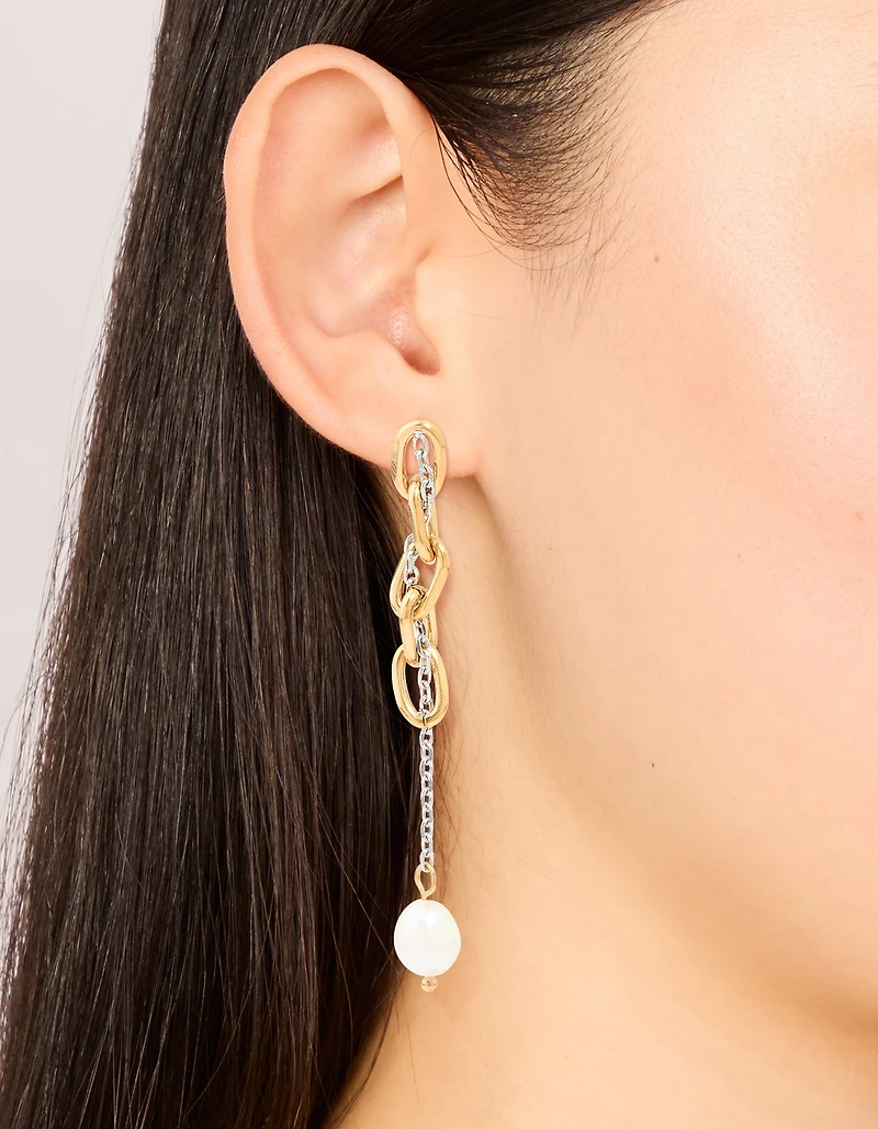 Waterproof Mixed Metal Stainless Steel Pearl Drop Chain Earrings