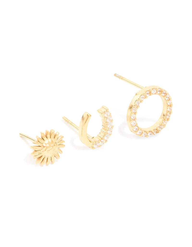 Waterproof Gold Plated Stainless Steel Mixed Motif Stud Earrings 3-Pack