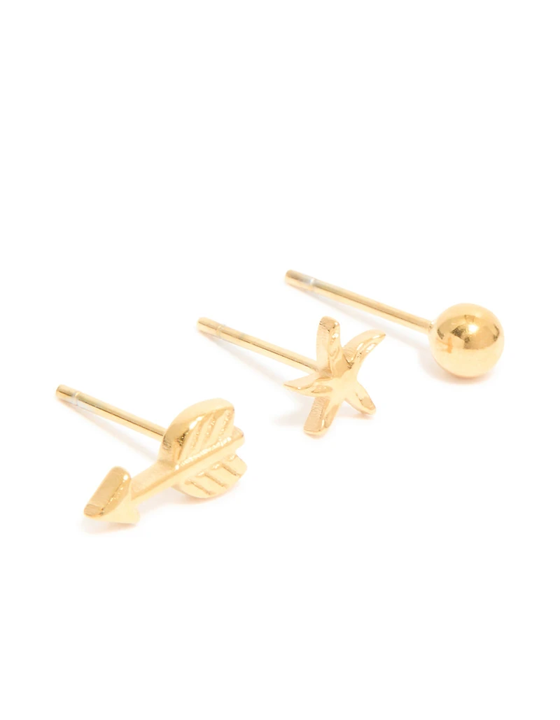Waterproof Gold Plated Stainless Steel Mixed Motif Stud Earrings 3-Pack