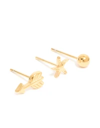 Waterproof Gold Plated Stainless Steel Mixed Motif Stud Earrings 3-Pack