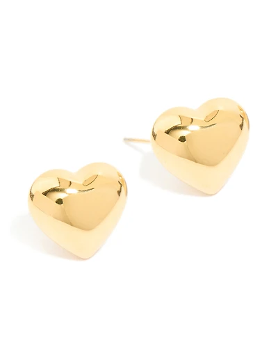 Waterproof Gold Plated Stainless Steel Puffy Heart Stud Earrings