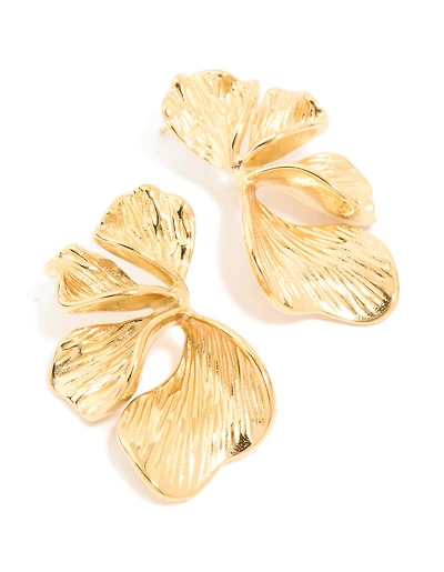 Waterproof Gold Plated Stainless Steel Ribbed Petal Stud Earrings