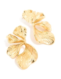 Waterproof Gold Plated Stainless Steel Ribbed Petal Stud Earrings