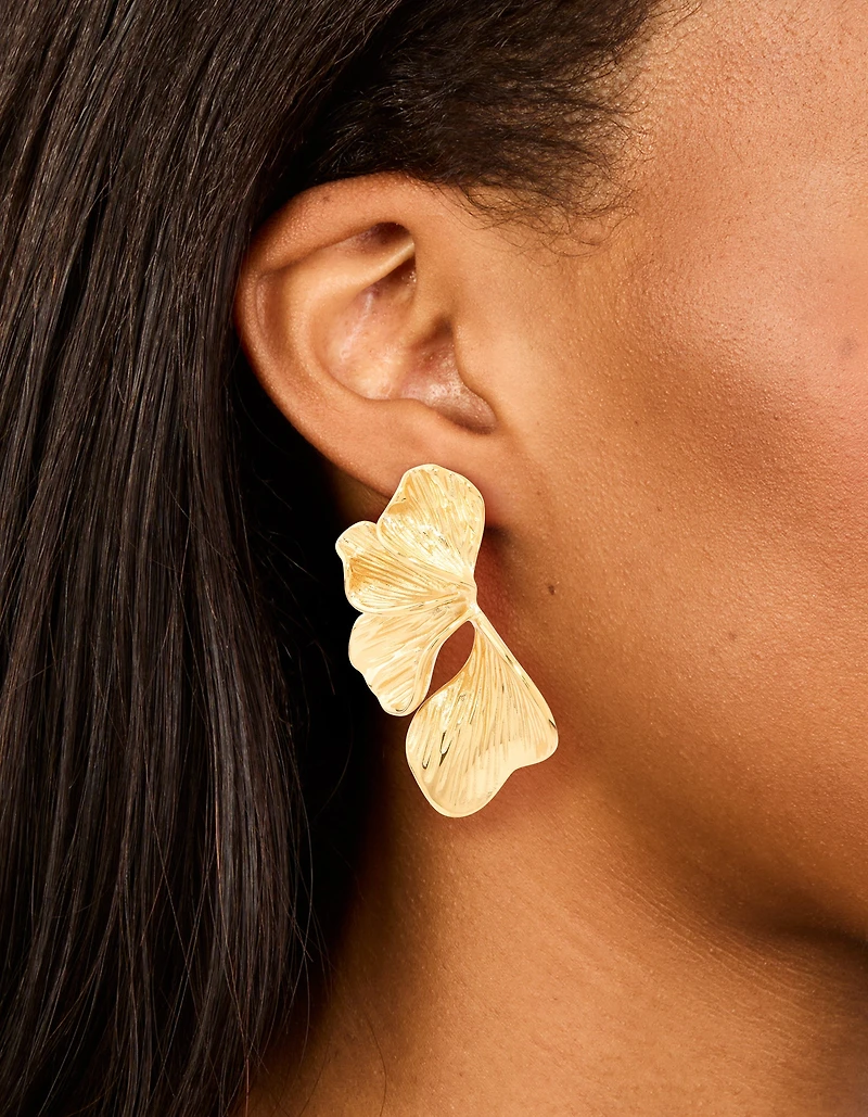 Waterproof Gold Plated Stainless Steel Ribbed Petal Stud Earrings