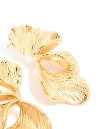 Waterproof Gold Plated Stainless Steel Ribbed Petal Stud Earrings
