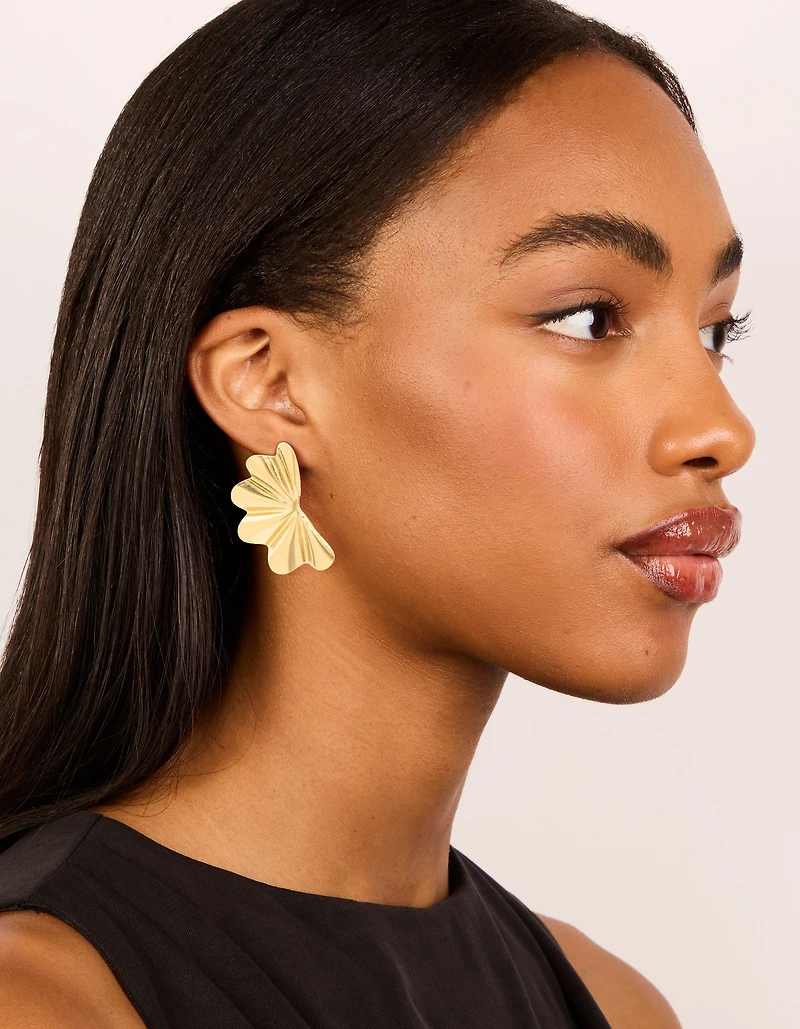 Waterproof Gold Plated Stainless Steel Wavy Fan Flower Stud Earrings