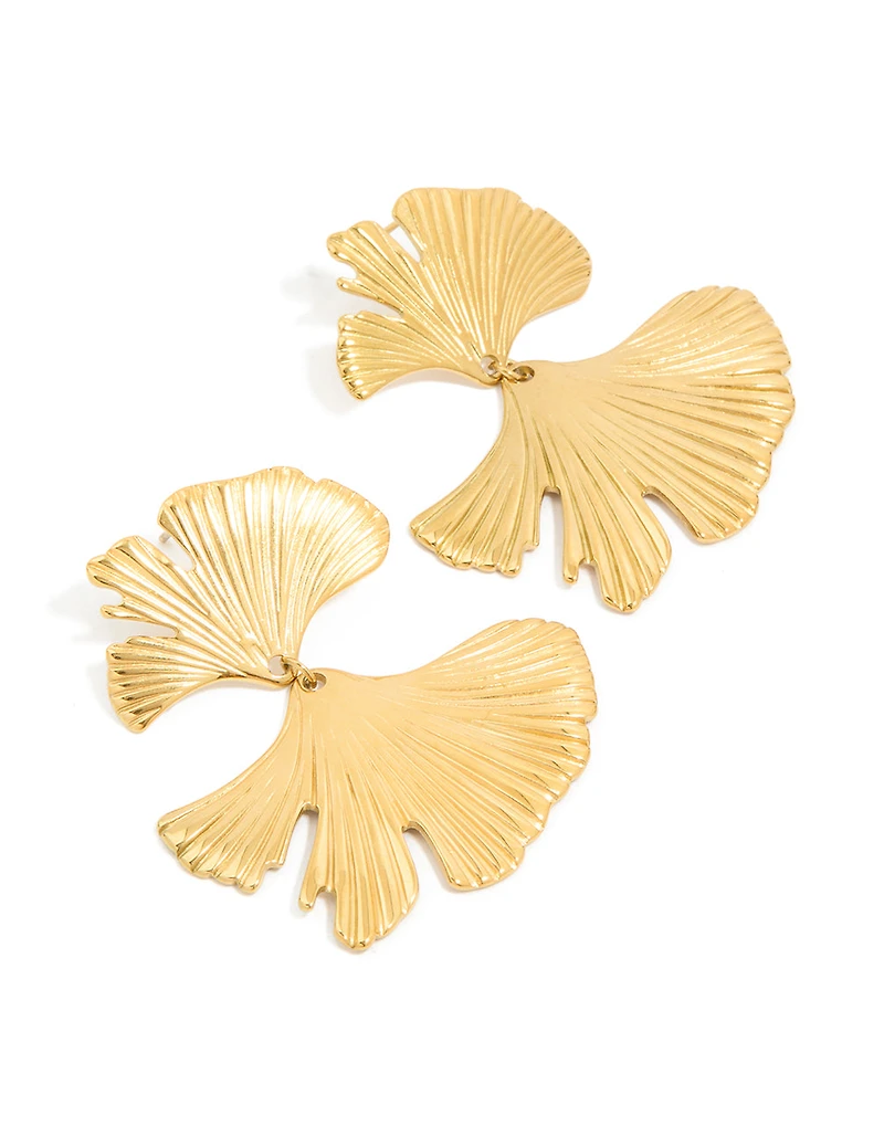 Waterproof Gold Plated Stainless Steel Double Ribbed Fan Drop Earrings