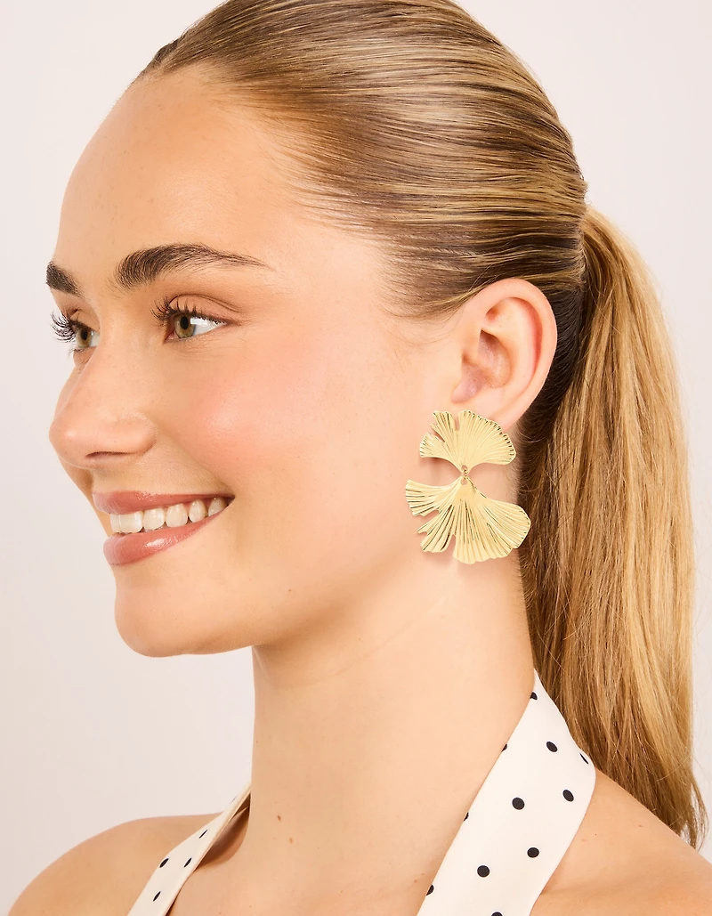 Waterproof Gold Plated Stainless Steel Double Ribbed Fan Drop Earrings