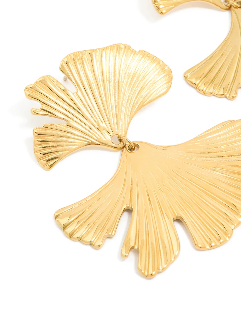 Waterproof Gold Plated Stainless Steel Double Ribbed Fan Drop Earrings