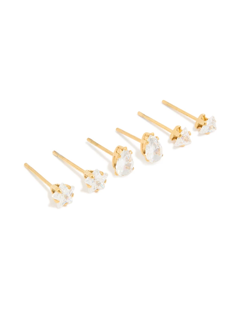 Waterproof Gold Plated Stainless Steel Cubic Zirconia Mixed Cut Stud Earrings 3-Pack
