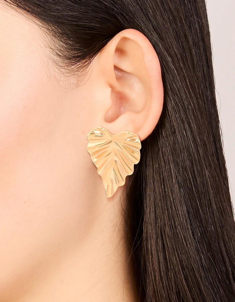 Waterproof Gold Plated Stainless Steel Palm Leaf Statement Stud Earrings