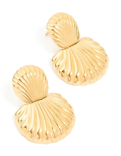 Waterproof Gold Plated Stainless Steel Double Shell Stud Drop Earrings