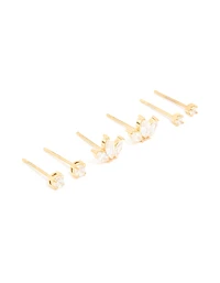 Waterproof Gold Plated Stainless Steel Cubic Zirconia Mixed Shaped Stud Earrings 3-Pack