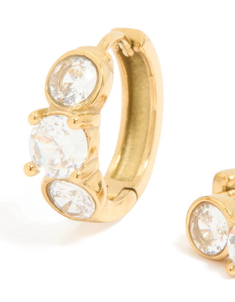 Waterproof Gold Plated Stainless Steel Cubic Zirconia Stone Set Huggie Earrings