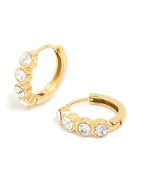 Waterproof Gold Plated Stainless Steel Cubic Zirconia Bezel Huggie Earrings