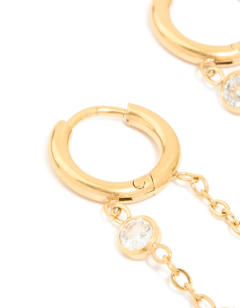 Waterproof Gold Plated Stainless Steel Cubic Zirconia Chain Huggie Drop Earrings