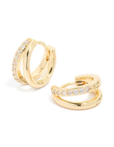 Waterproof Gold Plated Stainless Steel Cubic Zirconia & Double Row Huggie Earrings