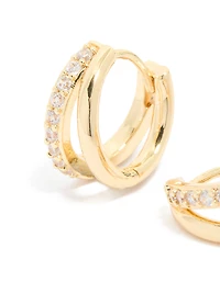 Waterproof Gold Plated Stainless Steel Cubic Zirconia & Double Row Huggie Earrings