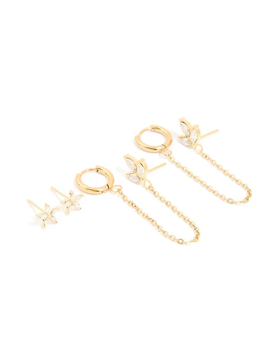 Waterproof Gold Plated Stainless Steel Cubic Zirconia Flower Hoop Chain & Flower Ear Stackers 2-Pack