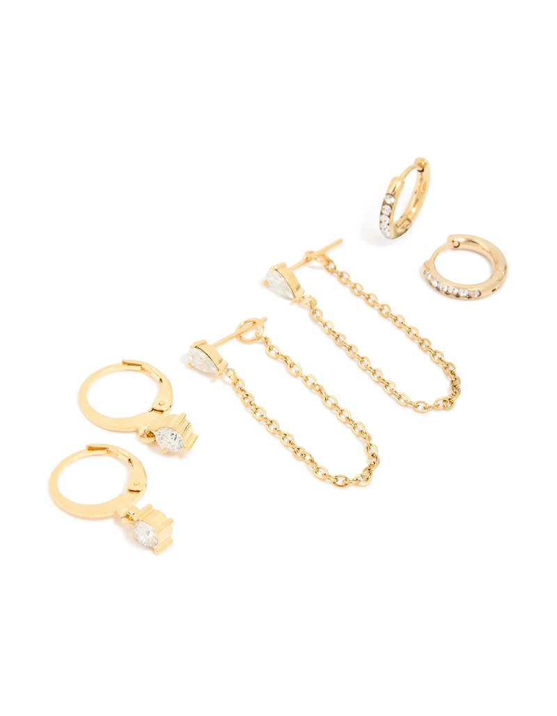 Waterproof Gold Plated Stainless Steel Cubic Zirconia Pavé Earrings Stacking Pack