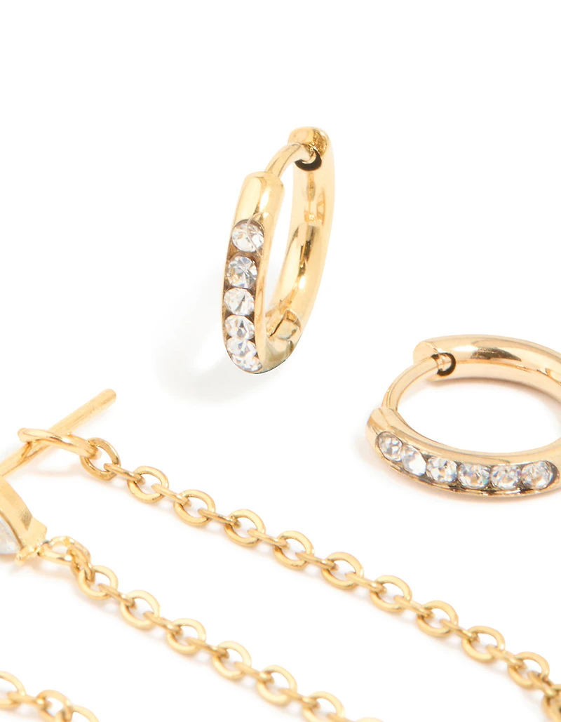 Waterproof Gold Plated Stainless Steel Cubic Zirconia Pavé Earrings Stacking Pack