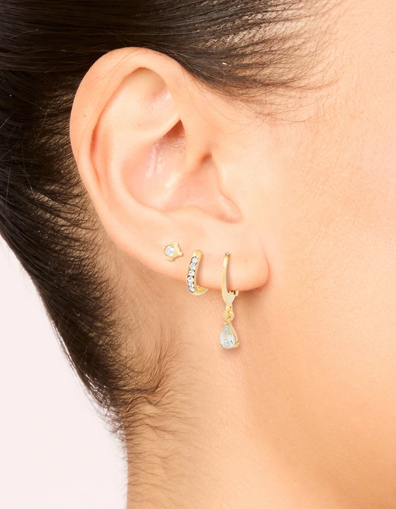 Waterproof Gold Plated Stainless Steel Cubic Zirconia Simple Stud & Huggie Earrings 3-Pack