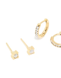 Waterproof Gold Plated Stainless Steel Cubic Zirconia Simple Stud & Huggie Earrings 3-Pack
