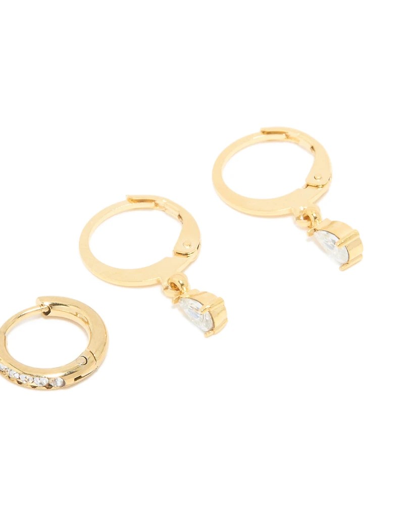 Waterproof Gold Plated Stainless Steel Cubic Zirconia Simple Stud & Huggie Earrings 3-Pack