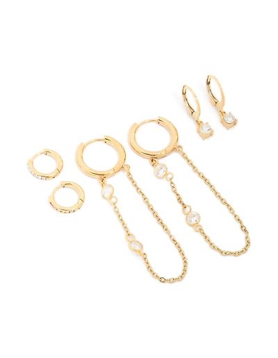 Waterproof Gold Plated Stainless Steel Bezel Clicker & Chain Earrings Stacking Pack