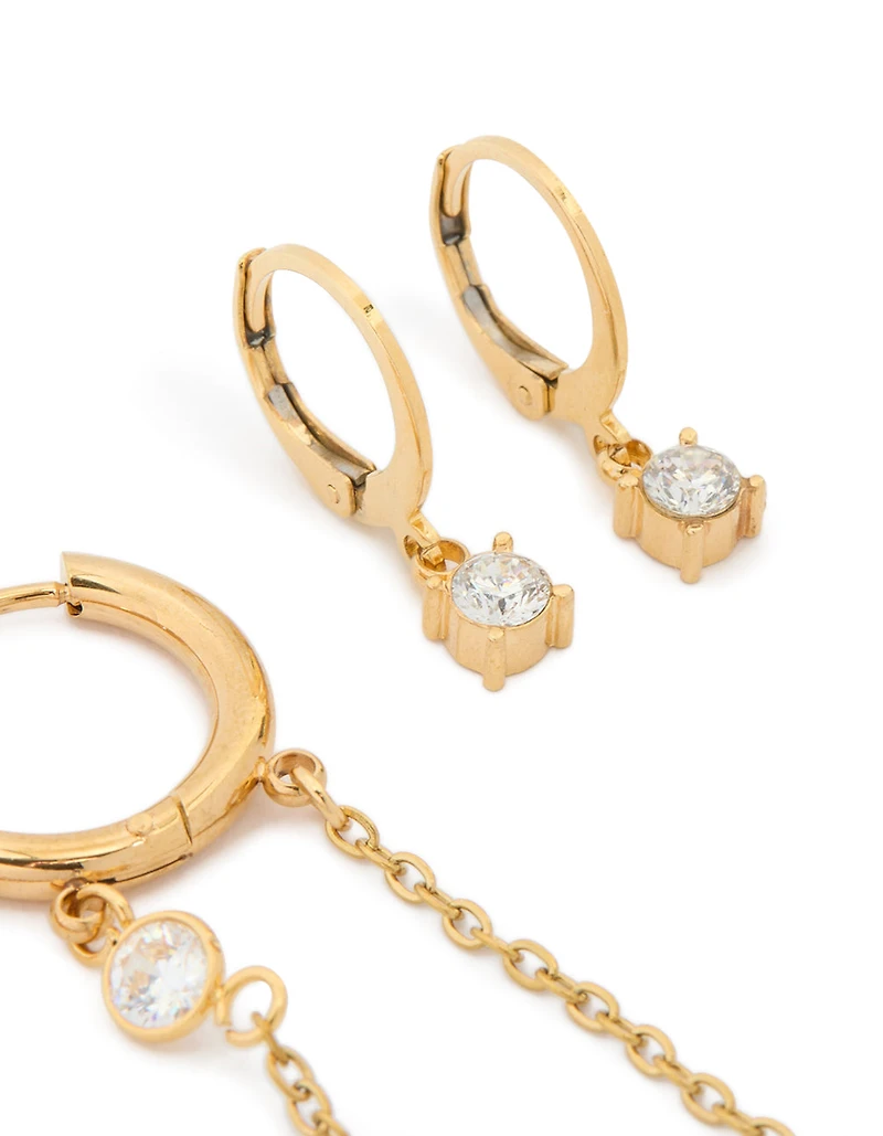 Waterproof Gold Plated Stainless Steel Bezel Clicker & Chain Earrings Stacking Pack