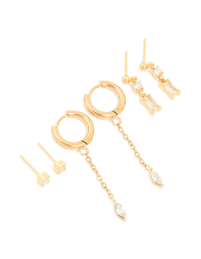 Waterproof Gold Plated Stainless Steel Cubic Zirconia Chain & Studs Ear Stacking Pack