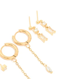 Waterproof Gold Plated Stainless Steel Cubic Zirconia Chain & Studs Ear Stacking Pack