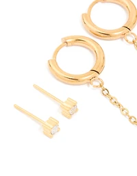 Waterproof Gold Plated Stainless Steel Cubic Zirconia Chain & Studs Ear Stacking Pack