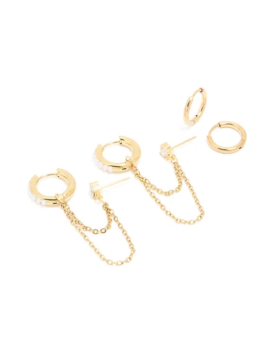 Waterproof Gold Plated Stainless Steel Pearl Cubic Zirconia Chain & Huggie Earrings Pack