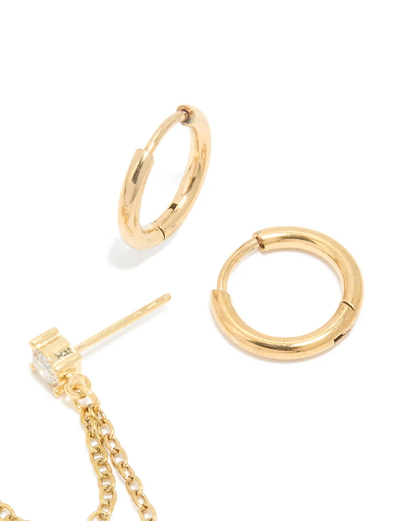 Waterproof Gold Plated Stainless Steel Pearl Cubic Zirconia Chain & Huggie Earrings Pack