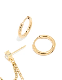 Waterproof Gold Plated Stainless Steel Pearl Cubic Zirconia Chain & Huggie Earrings Pack