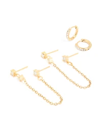 Waterproof Gold Plated Stainless Steel Cubic Zirconia Huggie & Chain Ear Stacking Pack