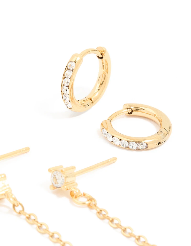 Waterproof Gold Plated Stainless Steel Cubic Zirconia Huggie & Chain Ear Stacking Pack