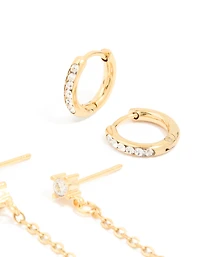 Waterproof Gold Plated Stainless Steel Cubic Zirconia Huggie & Chain Ear Stacking Pack