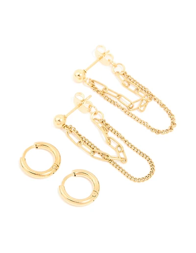 Waterproof Gold Plated Stainless Steel Classic Chain Earrings & Huggie Earrings 2-Pack