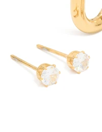 Waterproof Gold Plated Stainless Steel Rectangle Hoop Earrings & Cubic Zirconia Studs 2-Pack